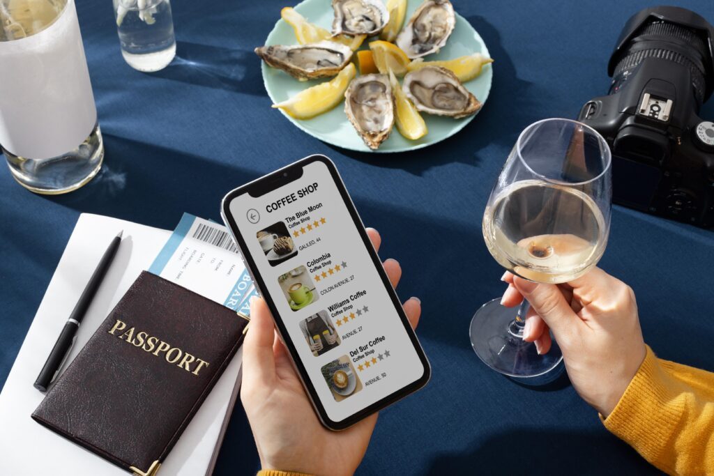 Cliente usando um app de reservas de mesa em um restaurante moderno.