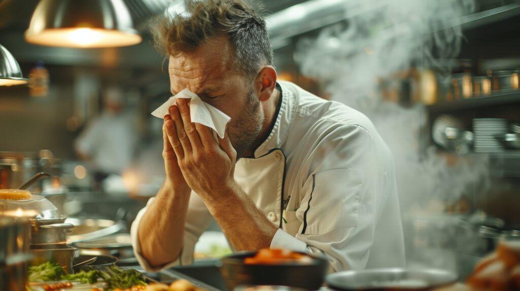 Empresário preocupado analisando relatórios financeiros em um restaurante.
