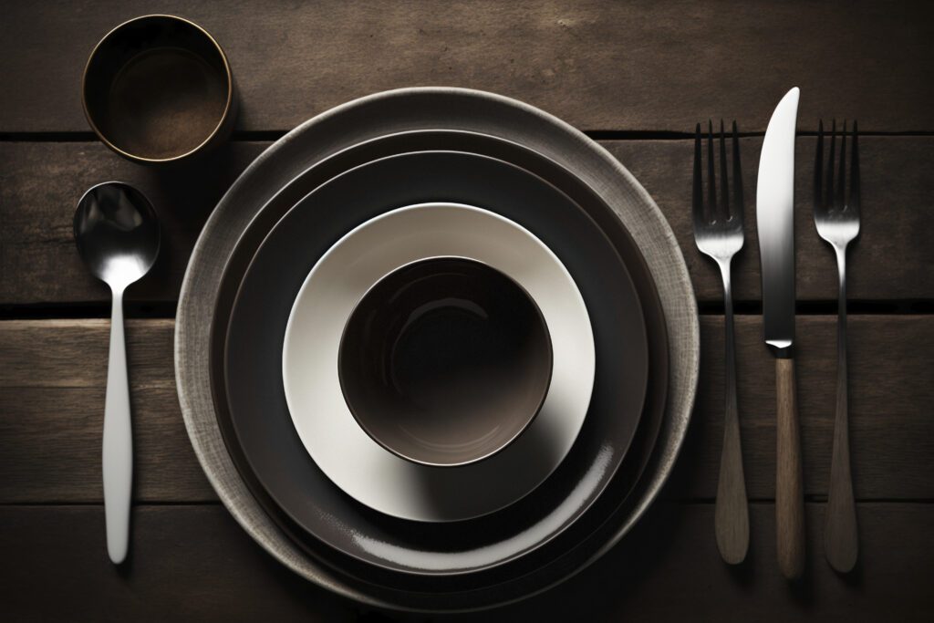 Pratos e taças elegantes arrumados em uma mesa de restaurante, destacando uma apresentação sofisticada