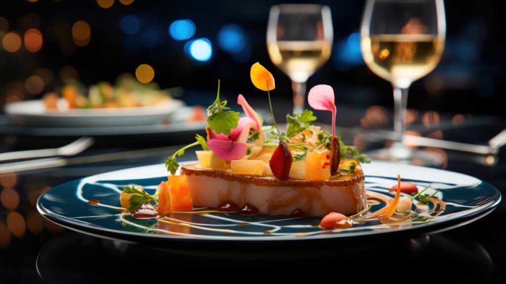 Garçom servindo um prato gourmet com uma apresentação impecável em um restaurante de luxo