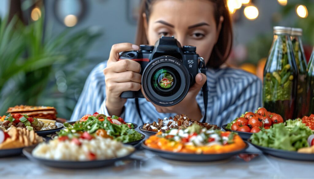 Prato gourmet cuidadosamente embelezado sendo fotografado em um restaurante elegante