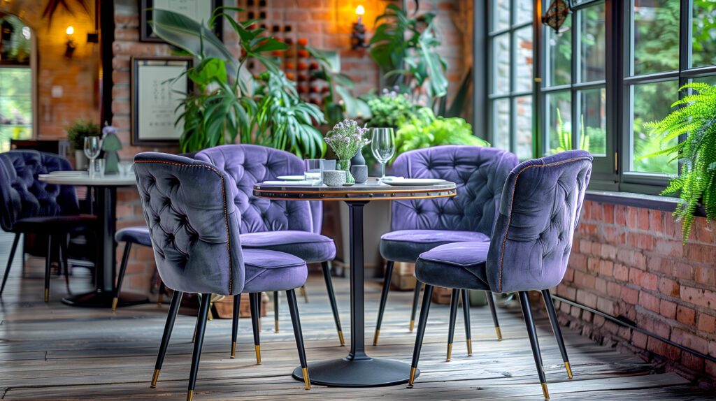 Mesas e cadeiras elegantes dispostas em um restaurante moderno e aconchegante