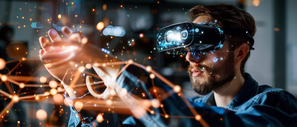 Espaço de luxo futurista com tecnologia integrada, como controle de iluminação e temperatura automatizado e móveis inteligentes