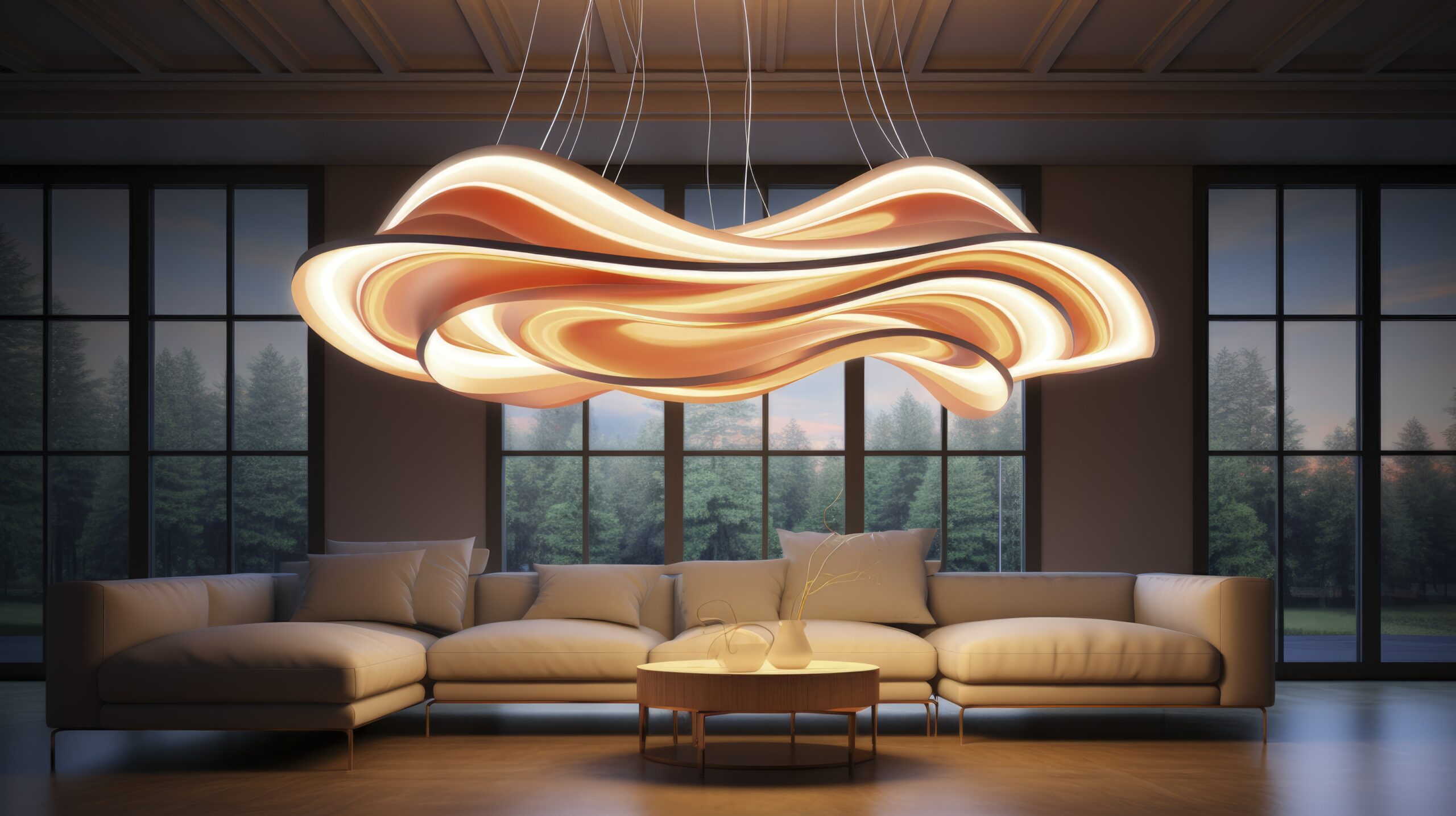 Ambiente de luxo com iluminação suave e luminárias modernas, criando uma atmosfera sofisticada e envolvente