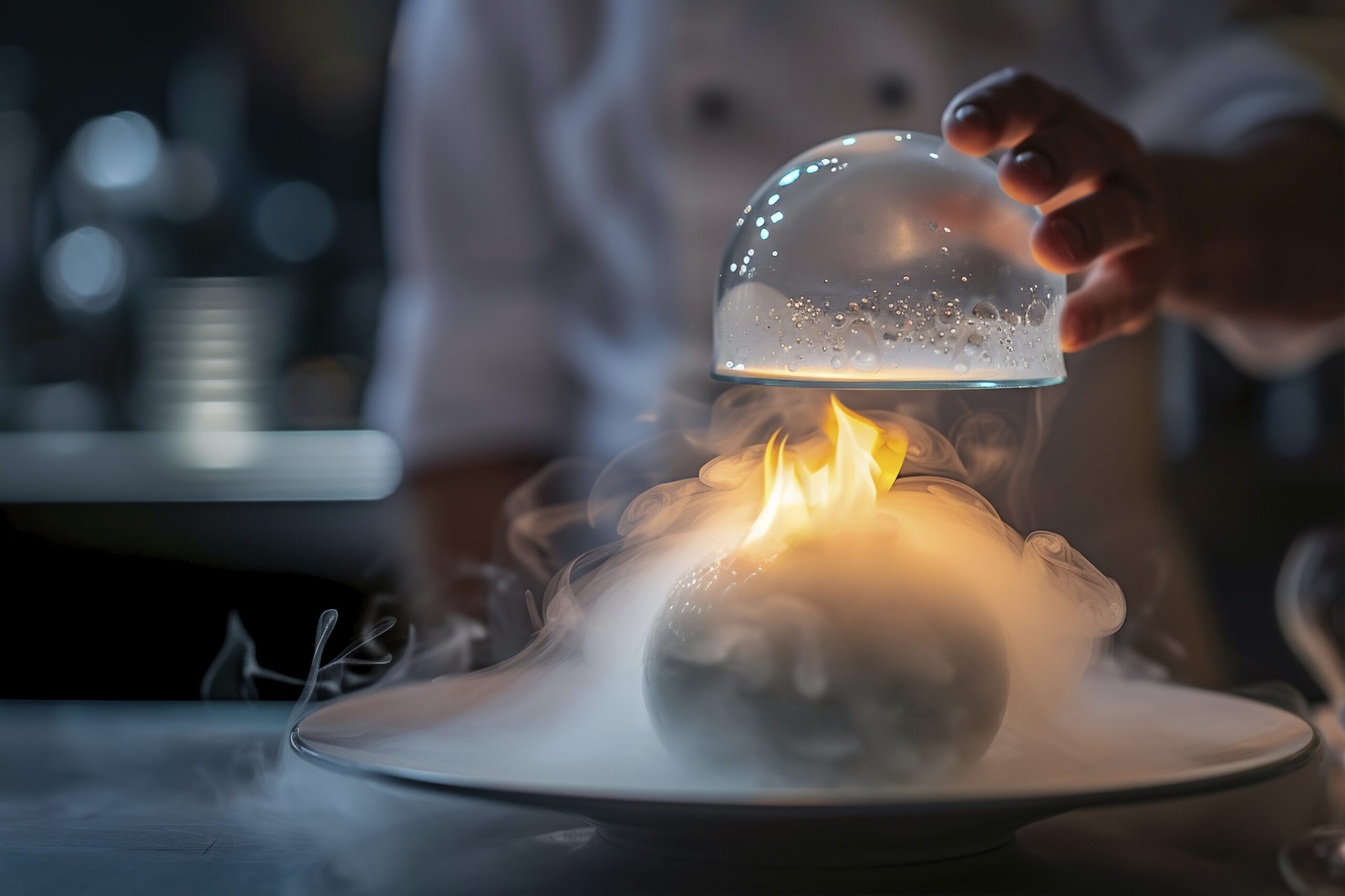 Prato gourmet de alta gastronomia com apresentação artística e ingredientes inovadores, servidos em um restaurante de luxo